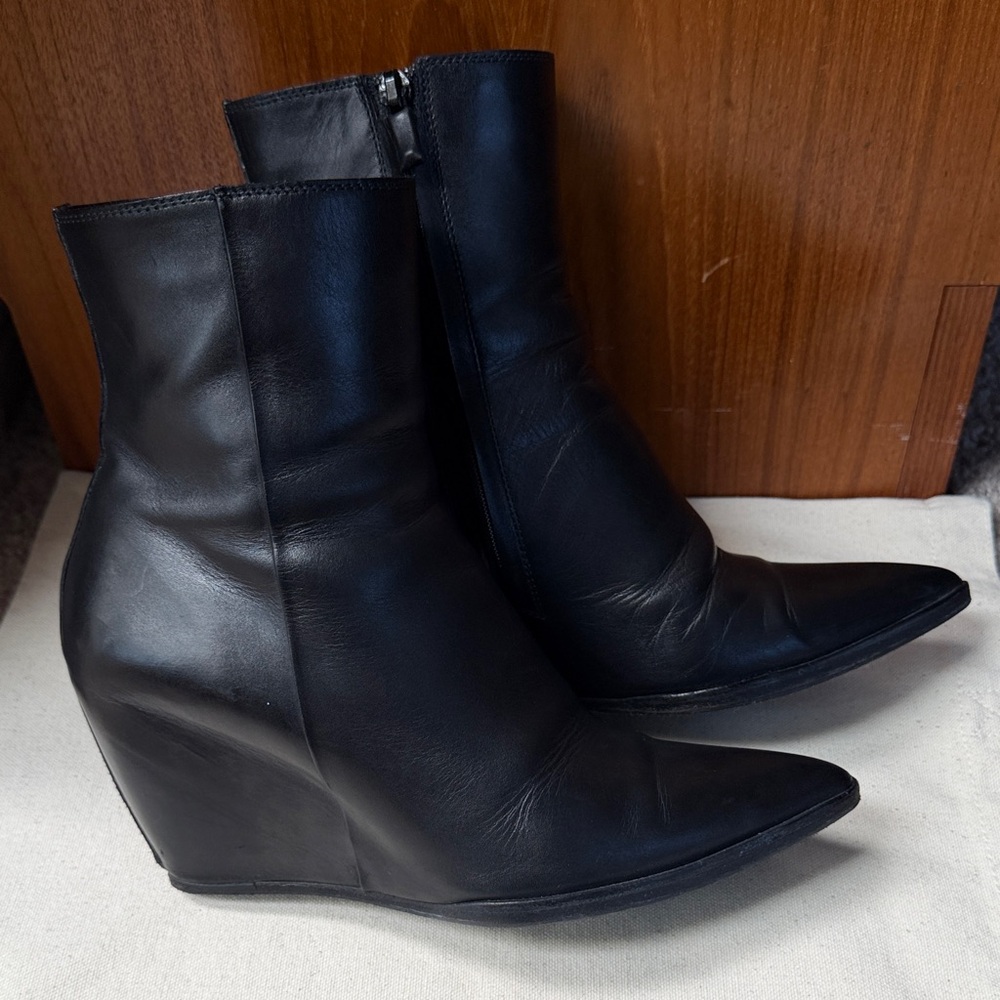 Costume National Black Leather Wedge Ankle Boots